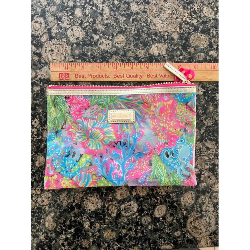Lilly Pulitzer Multi Color Coral Octopus Clear Zipper Pouch Travel Makeup Bag